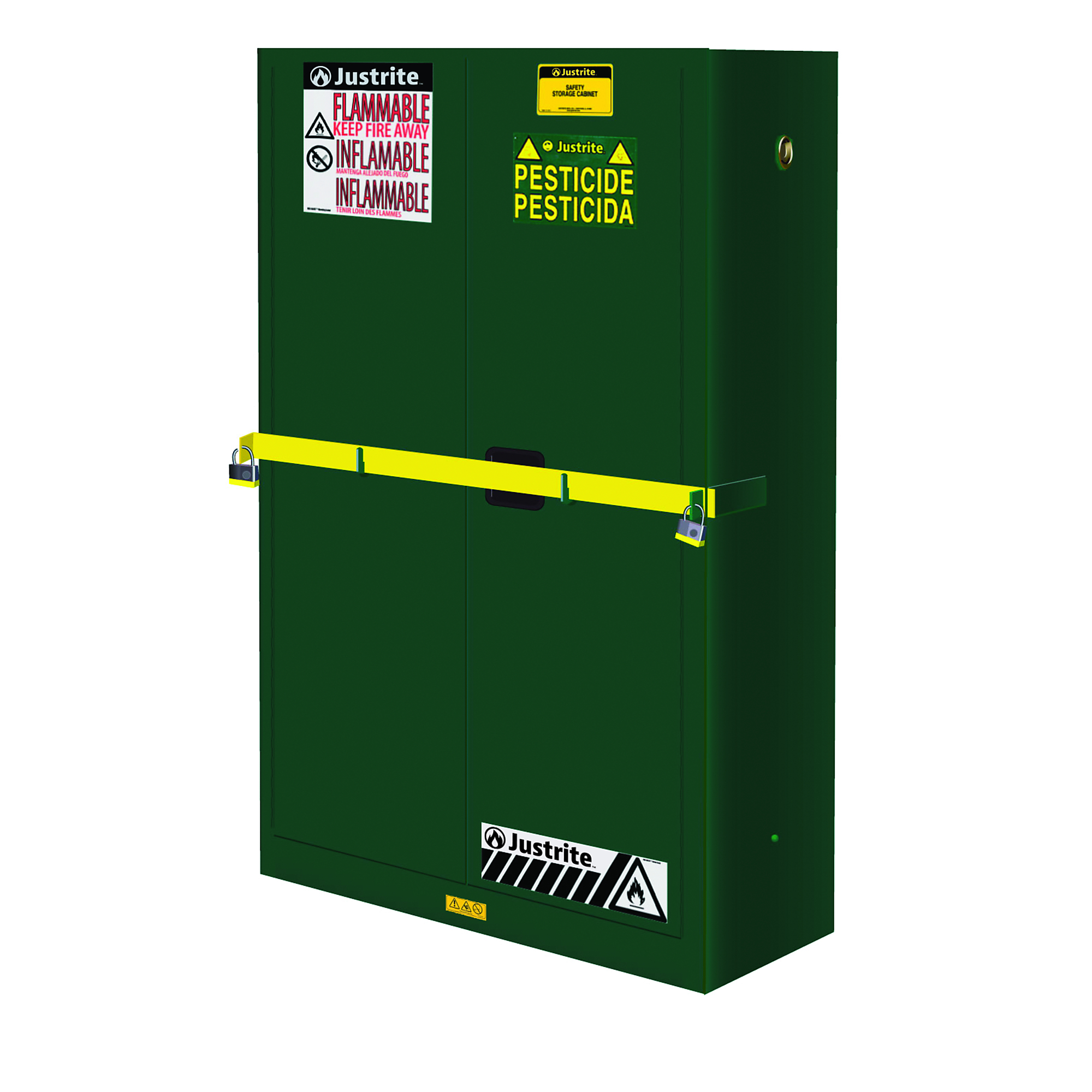 Justrite Sure-Grip EX Pesticides Safety Cabinet — 45 Gallons, 2 Shelves, 2 Self-Closing Doors, High Security, Steel Bar, Green, Model# SC29884P